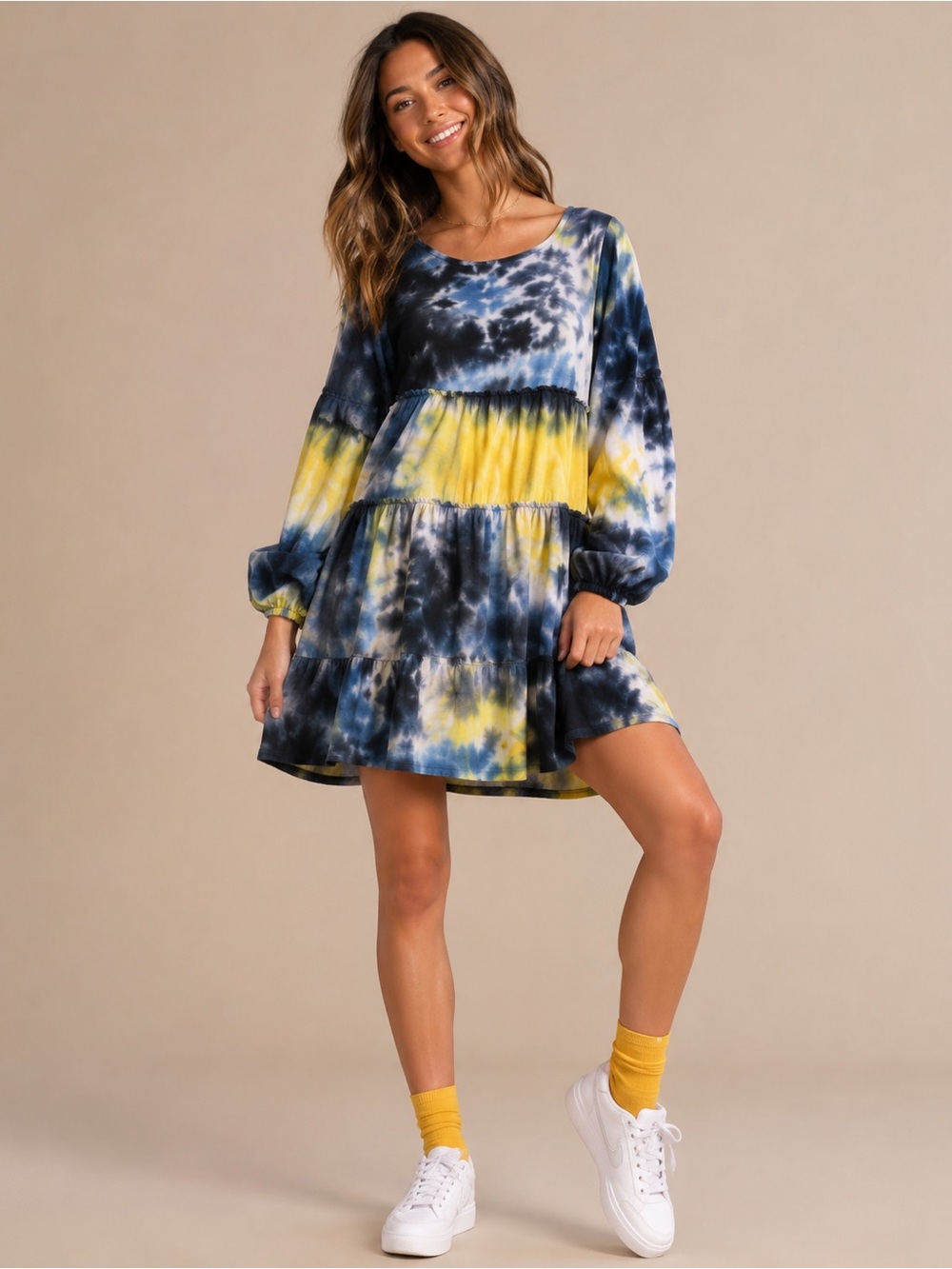Umgee Boho Tie-Dye Tiered Mini Dress - Vibrant Blue, Yellow & Black  NWT